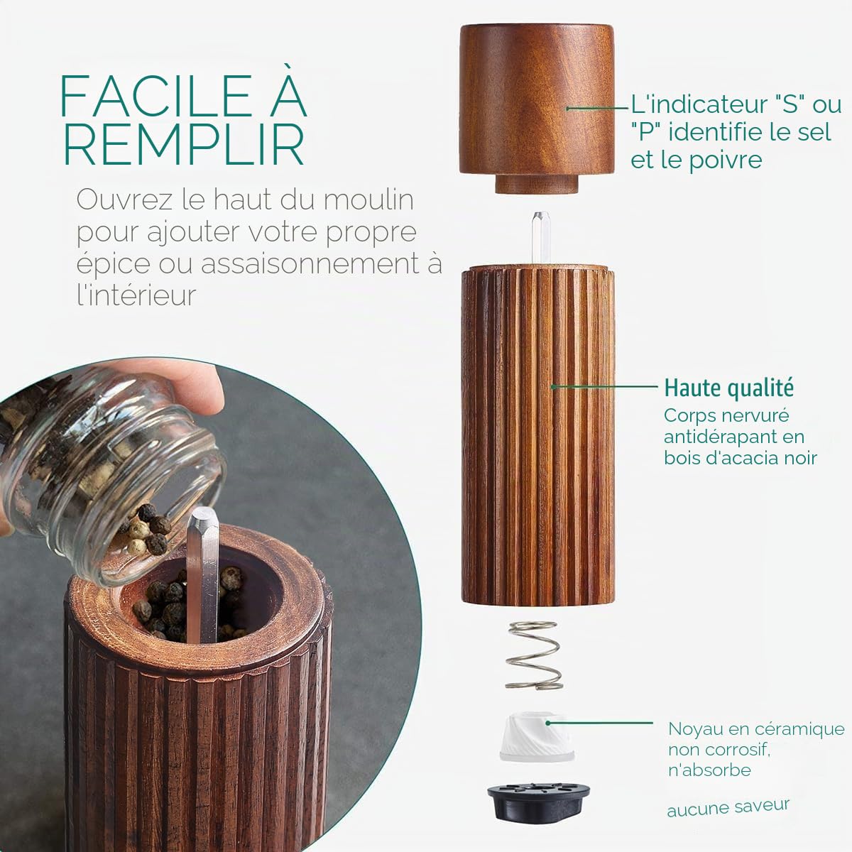 Moulin à Sel et à Poivre en Bois d’Acacia avec Broyeur Céramique | Moulin Manuel avec Design Antidérapant et Couvercles S&P, 16,5 cm (Avce Plateau)