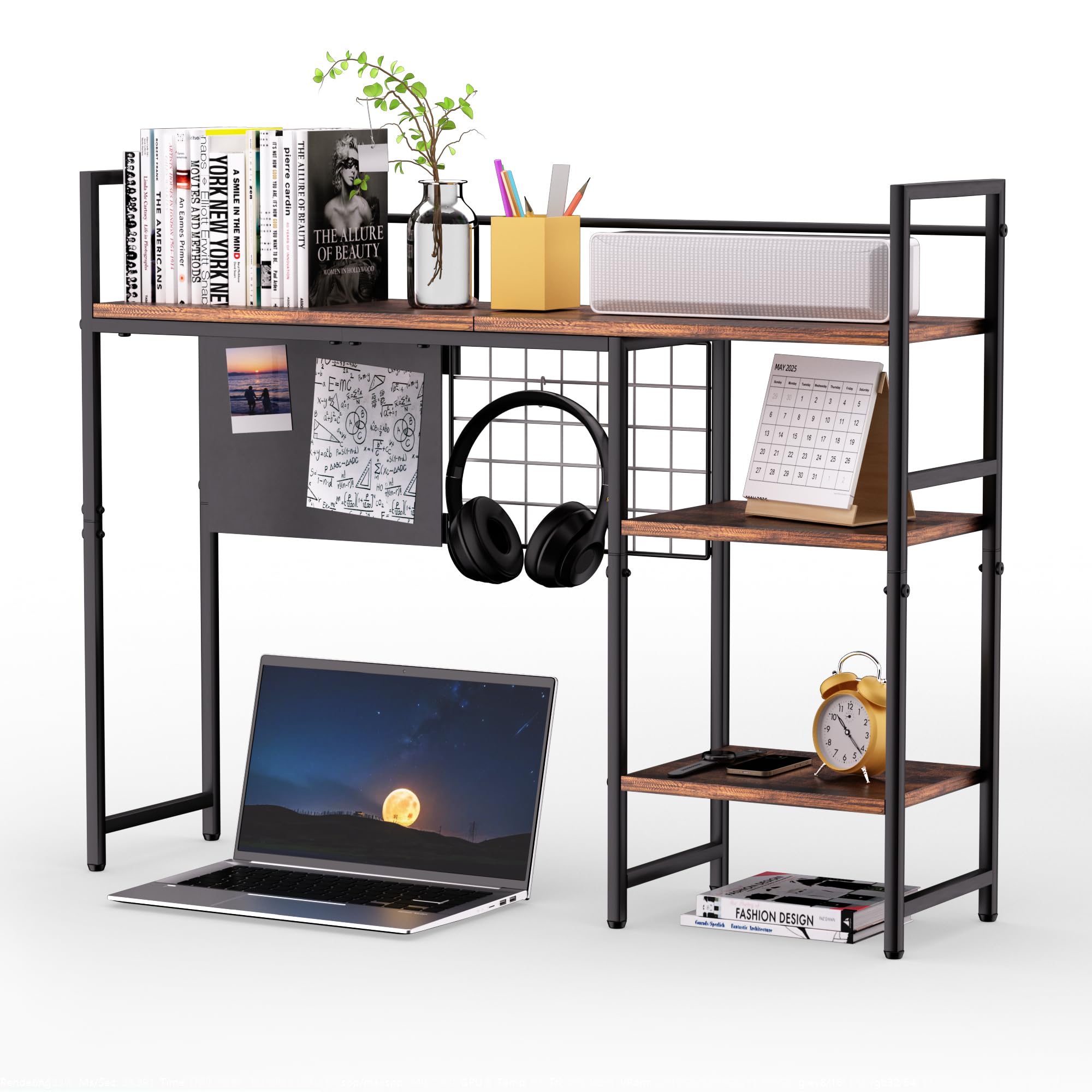 Schreibtisch-Bücherregal, 3-stöckig, 97,8 cm, Schreibtisch-Organizer, Regal und Computer-Monitorständer, dunkelbraun