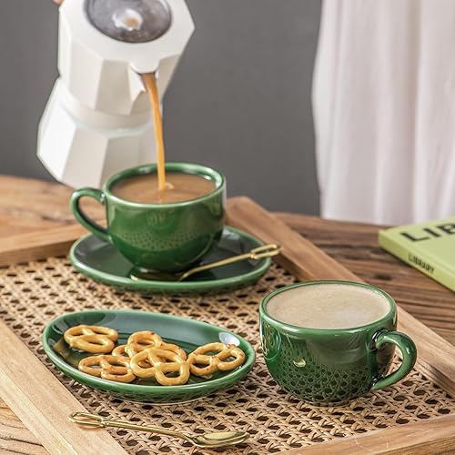 Miniatura 2 de vicrays Tazas de café espresso de cerámica, juego de tazas de café expreso de porcelana de 4 onzas con platillos cucharas y soporte de metal para