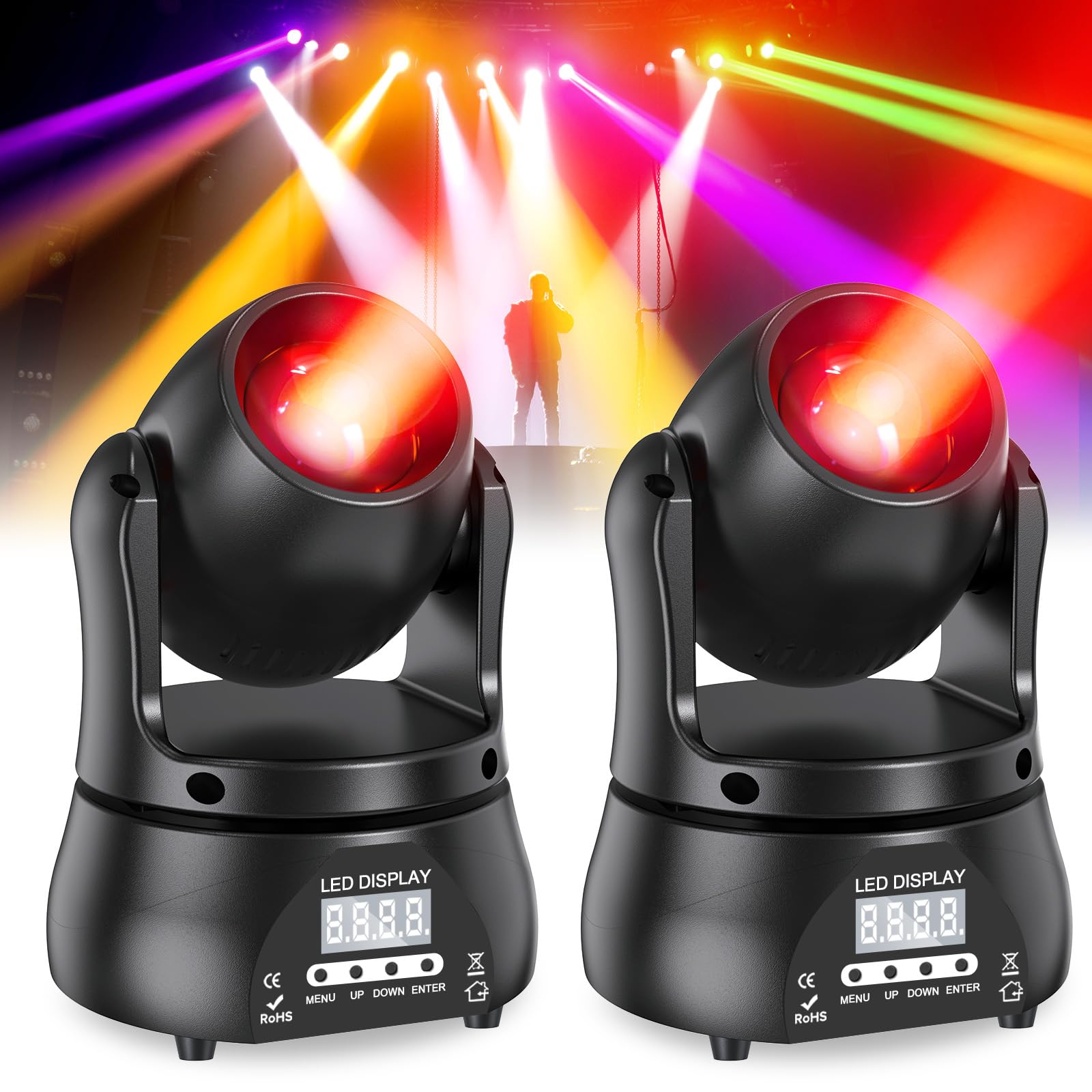 2PCS 60W Mini Moving Head Partylicht, RGBW LED Disco Beam Bühnenlicht DMX512 Sprachsteuerung Lichteffekt für DJ Hochzeit Halloween Club