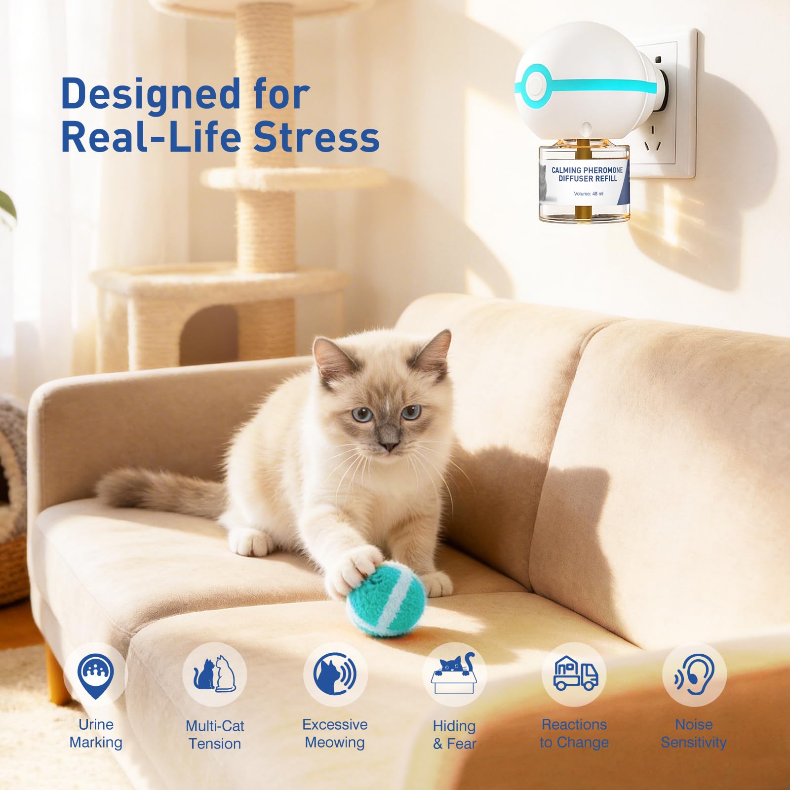 Recharge de diffuseur de phéromones, recharge liquide pour diffuseur de parfum portable pour un usage quotidien en intérieur — pour kits de diffuseur apaisant pour chat de 60 jours