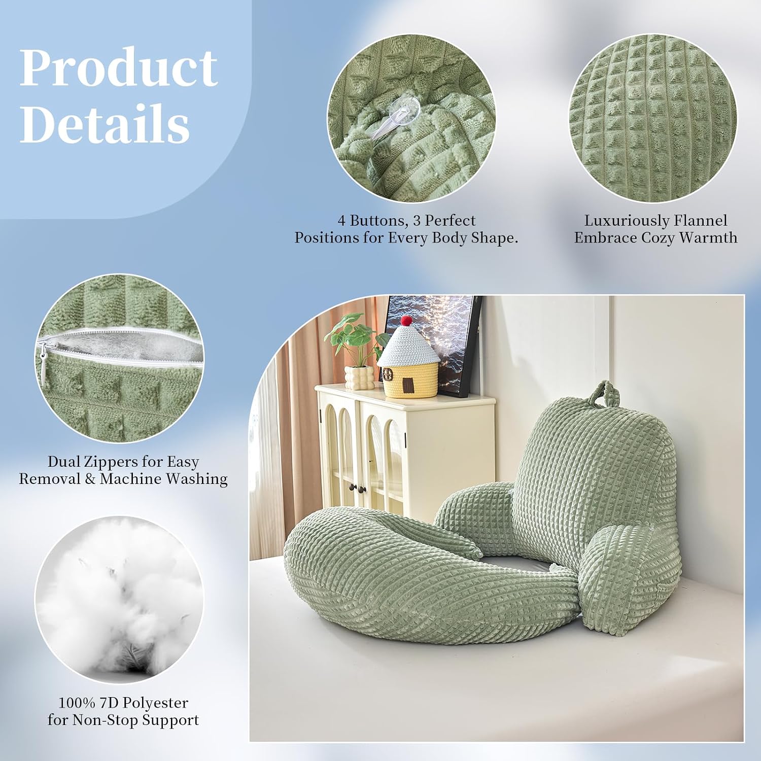 19" Reading Pillow for Bed,U Shaped Arm & Elbow Support,Green Corduroy
