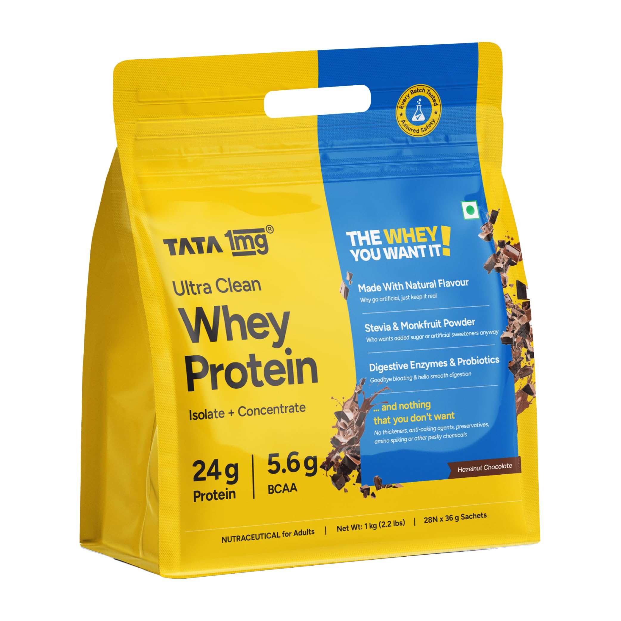 Tata 1mg Ultra Clean Whey Protein Isolate + Concentrate - Hazelnut Chocolate 1kg | 24g Protein, 5.6g BCAA & 30B CFU Probiotics-28 Sachets
