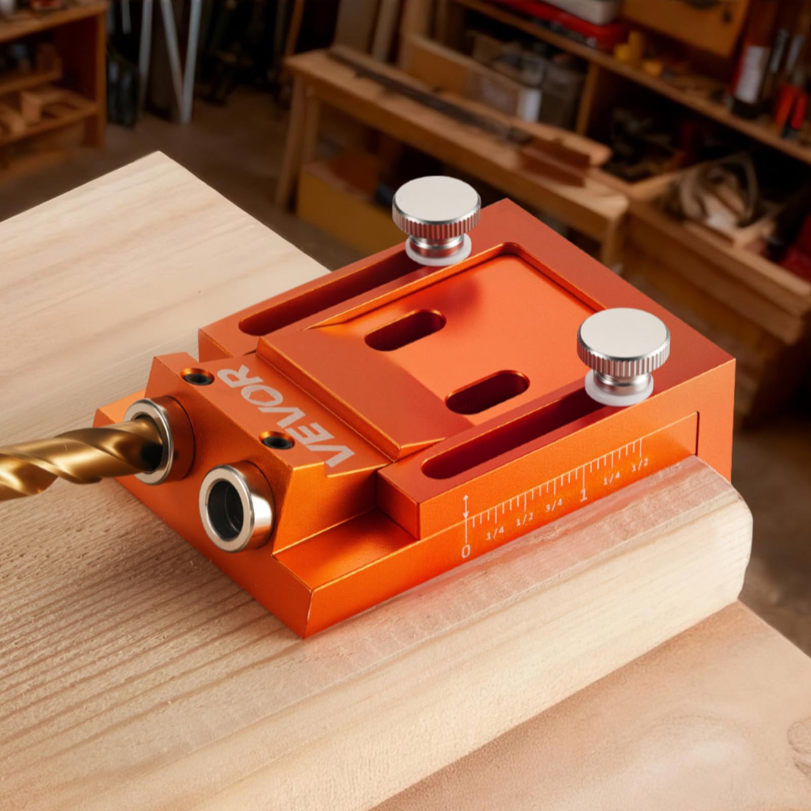 VEVOR Kit Maschera per Fori Ciechi Regolabile da 12 mm a 48 mm, Sistema di Fori Tascabili con Trapano a Gradini, Chiave Esagonale, Anello di Arresto del Trapano, per la Lavorazione del Legno