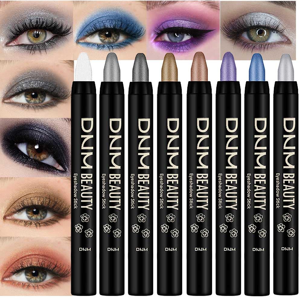 8Pcs Glitter Eye Shadow Sticks Liner Pencils Makeup, Pearl White Smokey Black Gray Silver Violet Purple Khaki Royal Blue Shimmer Glitter Eyeliner Pencil Cream Eyeshadow Palette Makeup for Older Women