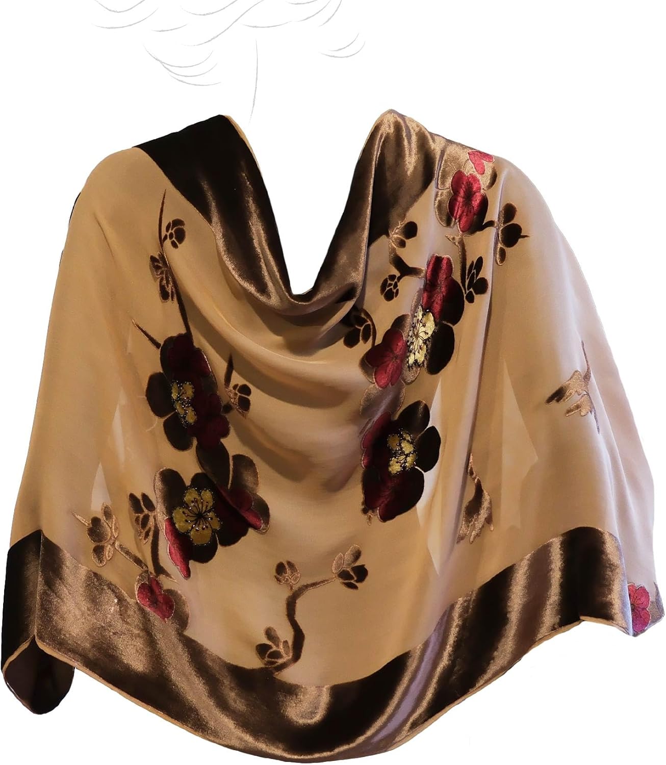 Silk Base Burn-out Velvet Shawl, 71" Lx21 W, Plum and Crane pattern with Beads Adorned, Multiple Brown