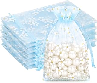 G2PLUS 30Pcs Blue Organza Bags - 4x6 In Sheer Mesh Jewelry Pouches, Daisy Drawstring Organza Bags for Baby Shower, Birdal Shower, Wedding Party Favors