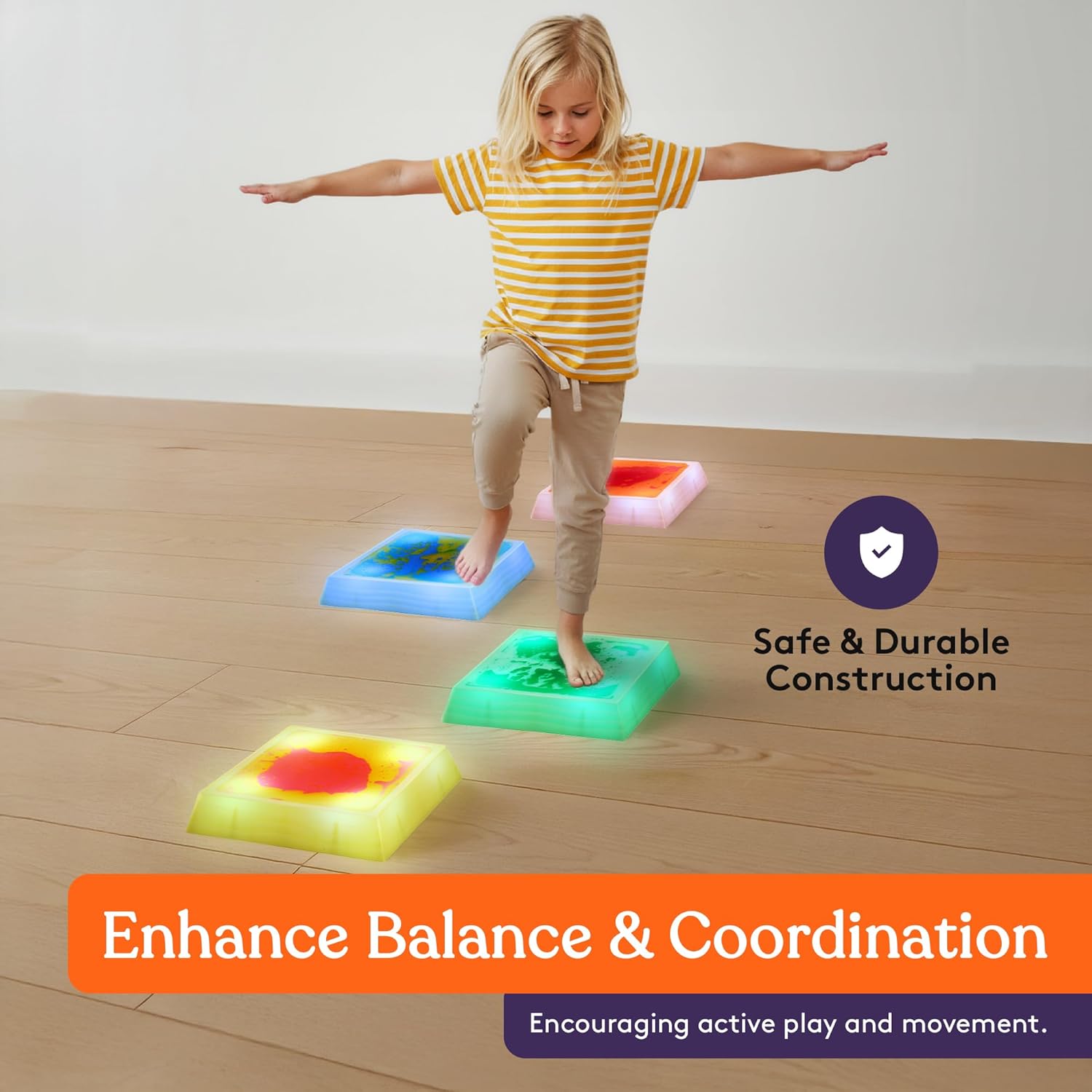 Special Supplies Liquid Gel LED Stepping Stones for Kids - Light-Up Square Balance Blocks - Promote Coordination, Balance, Strength for Toddlers & Children - Durable Non-Slip Rubber, Safe Indoor & Outdoor Play- 4 Pack