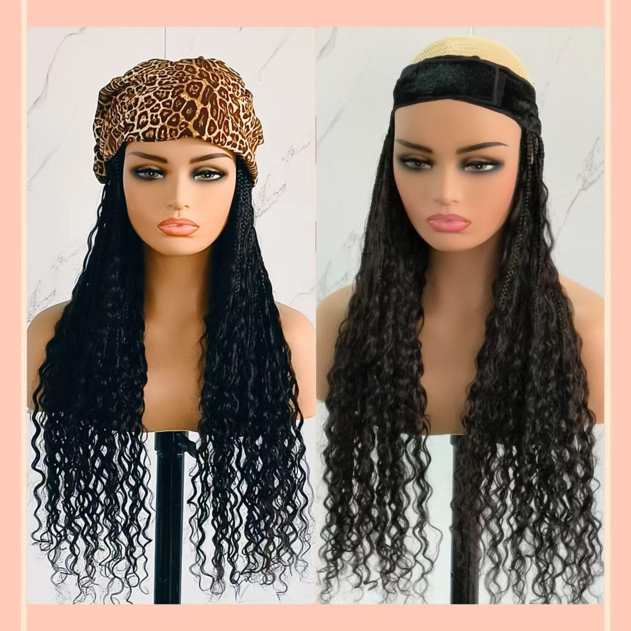 Human Hair Headband Hair without Baseball Cap Hat Braidsband Extension Box Synthetic Braids with Human Hair Braids Around the Eers Natural Color for Black and White Women 18inch