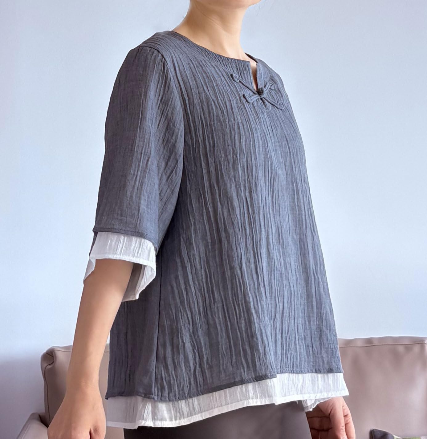 Minibee Women's Cotton Linen Shirts Summer 3/4 Length Sleeve Tops Chinese Frog Casual Blouse - Image 3