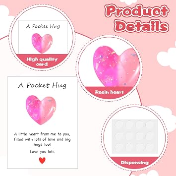 Nogeqi 8 Pcs Pocket Hug Resin Heart with Greeting Cards Thinking of You Gifts, Long Distance Relationship Gifts I Love You for Him Her, Pocket Hugs for Friend Boyfriend Girlfriend Family