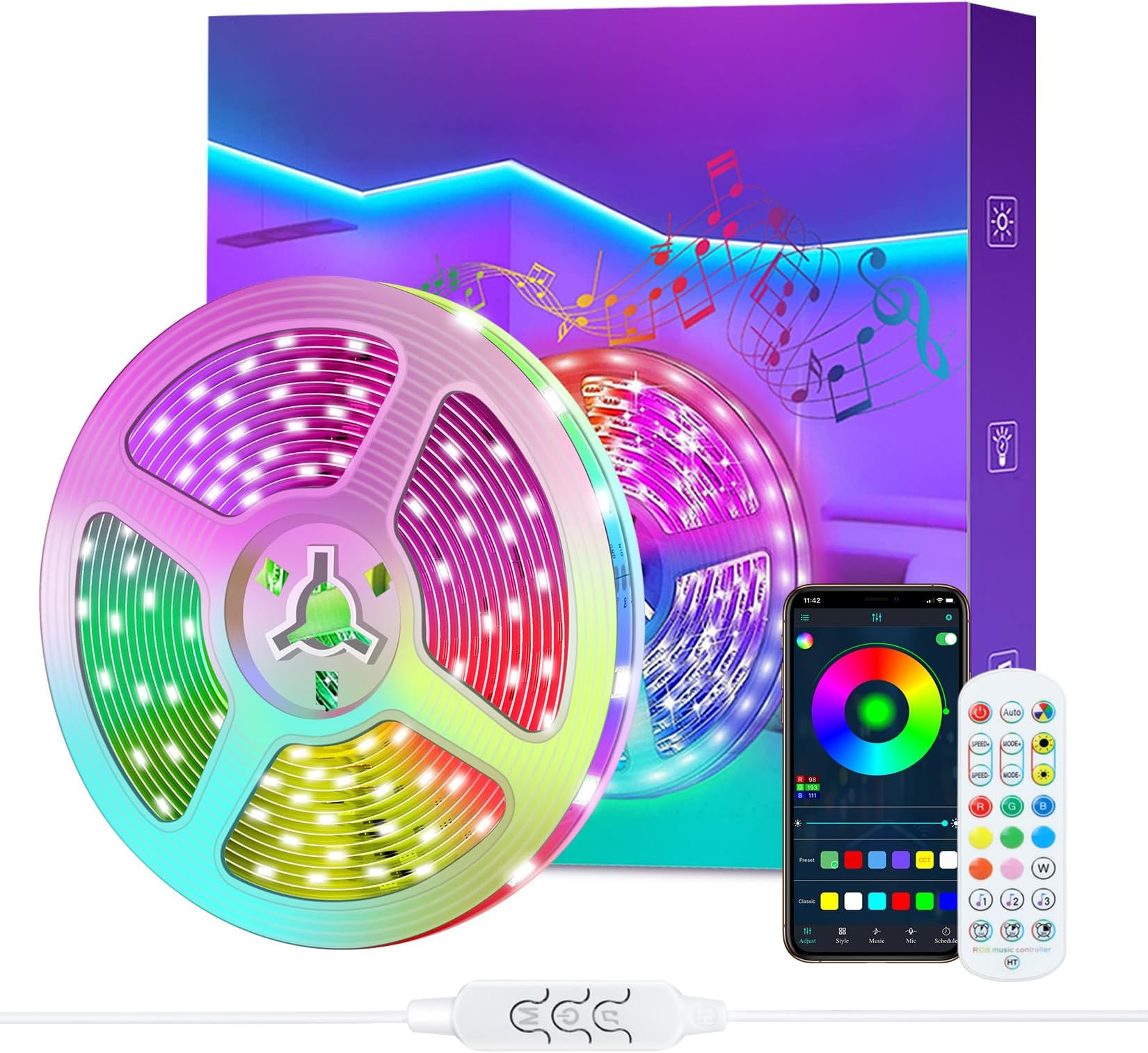 Led Strip Lights with Remote and APP Control, 10m Lights, RGB Using IC Chips Control Rainbow Colour, USB Powered, Bluetooth Music Sync Color Changing LED for Bedroom,Kitchen