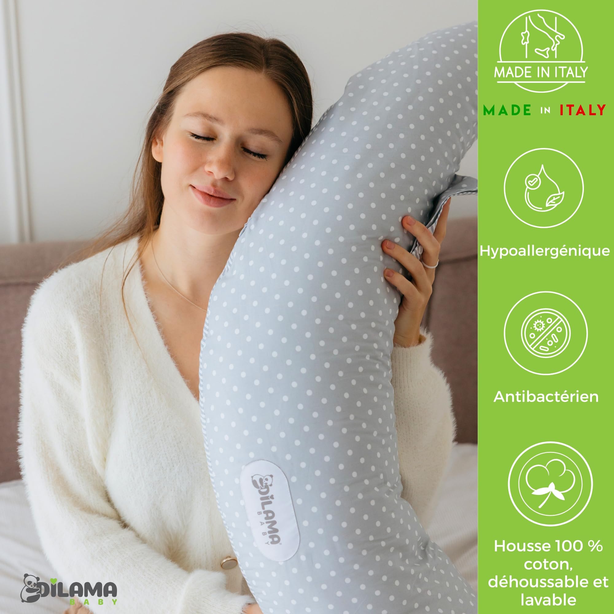 Dilamababy Coussin de Grossesse et d’Allaitement en Flocons de Mousse Mémoire et Boules de Fibre – Oreiller de Maternité Ergonomique – Housse Coton Amovible – Fabriqué en Italie
