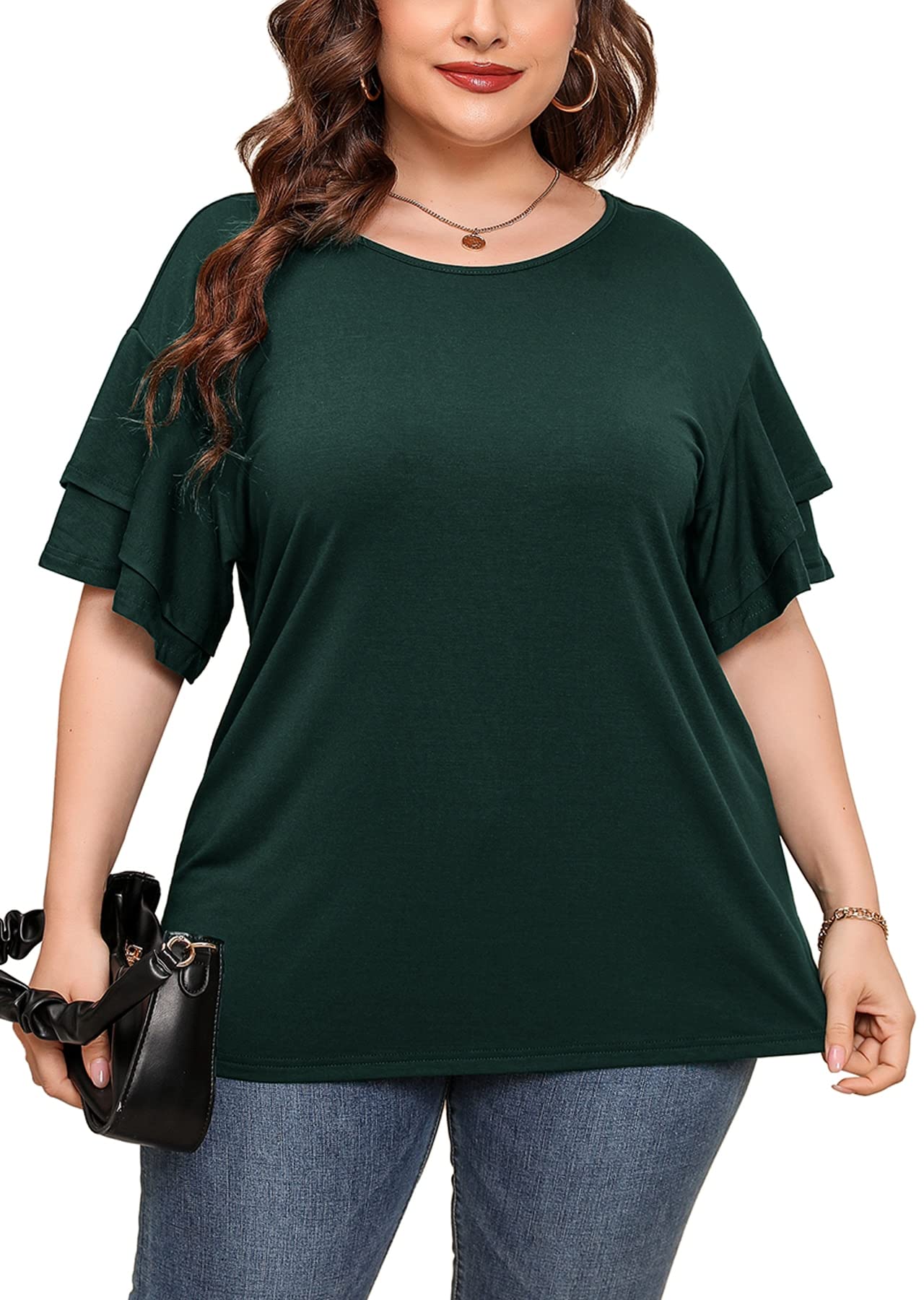 AusLook Plus Size Tunic for Women Double Ruffle Short Sleeve Clothes Loose Fit Clothing Flowy Shirts Summer Tops