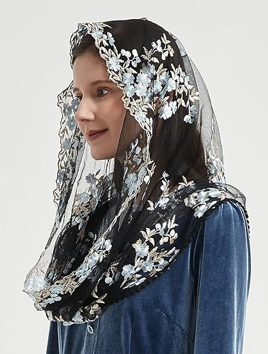 Miniatura 4 de Encaje Capilla Velo Mantilla Infinity Veil Multicolor Bordado Cherry Blossom Style Latin Mass M7