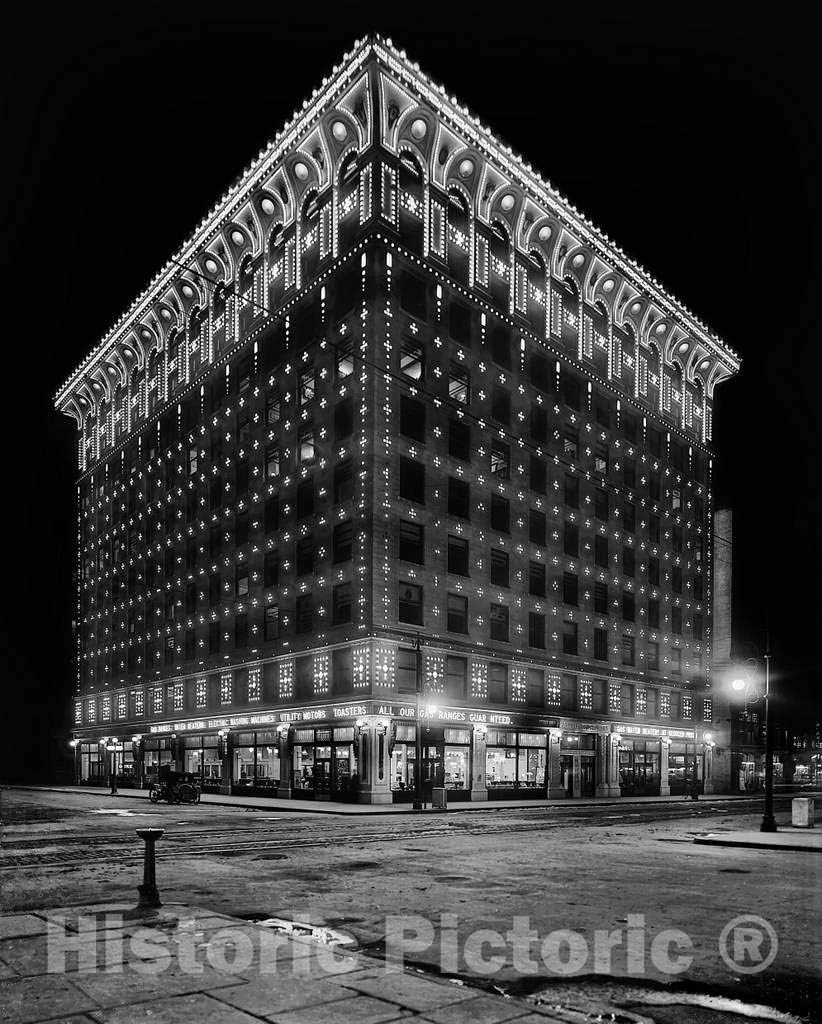 Restored Black & White Photo - Historic Denver, Colorado - The Illuminated Denver Gas & Electric Building, c1915-24in x 30in