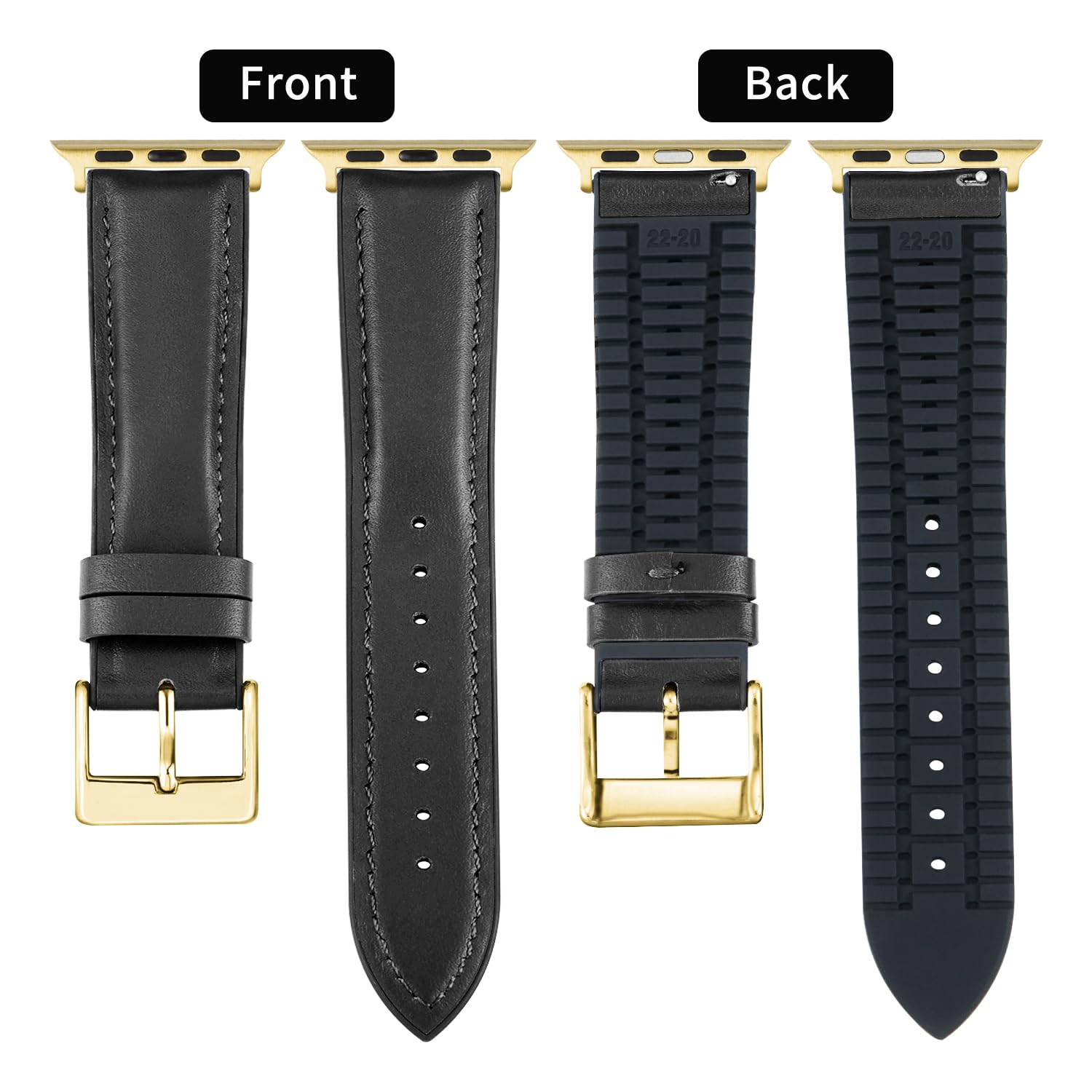 BINLUN Compatible with Apple Watch Bands Leather Soft Silicone Inner Hybrid Sweatproof 42mm 44mm 45mm 46mm 49mm Watch Strap for iWatch Ultra SE Series 11/10/9/8/7/6/5/4/3/2/1(Gold Buckle,Black) - Image 2