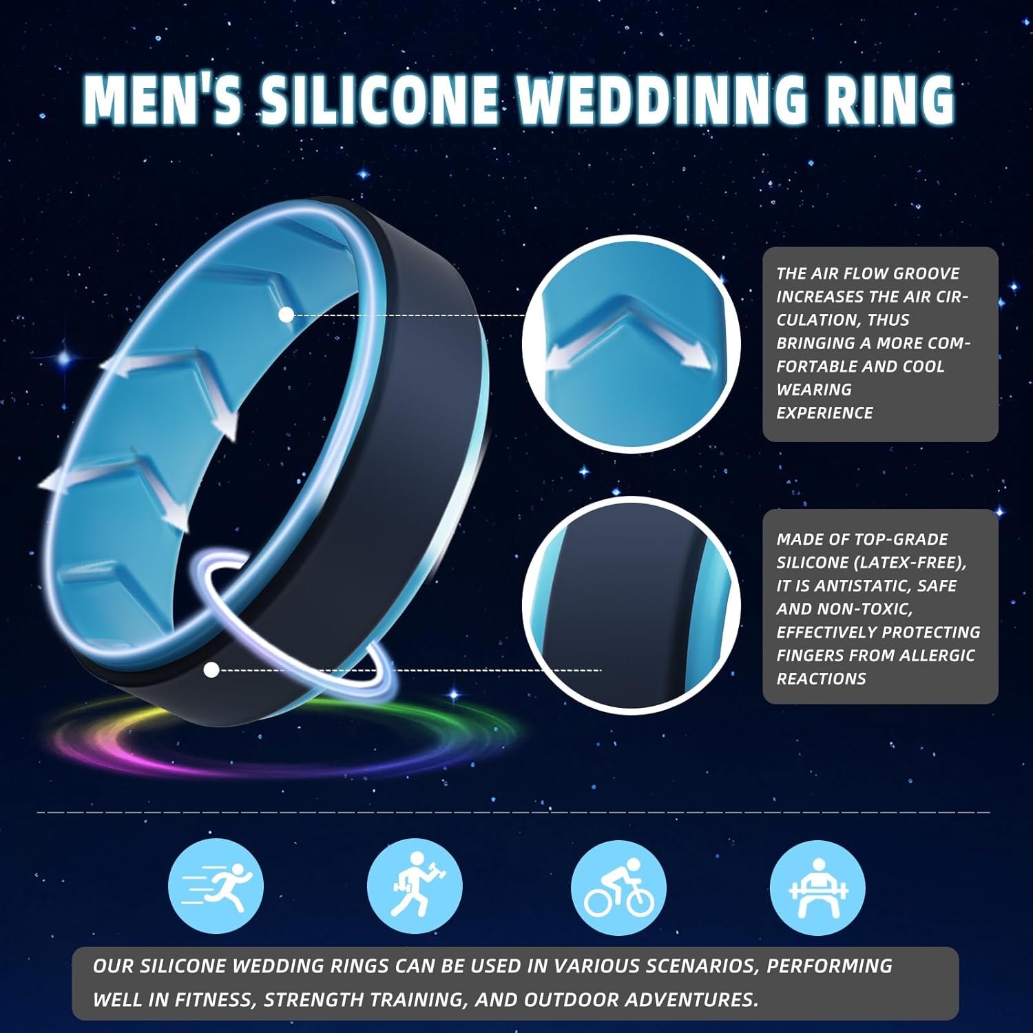 Silicone Wedding Rings for Men 1/4/5/6/7 Multipack of Breathable Airflow Inner Grooves,Step Edge Sleek Design Rubber Engagement Bands 8.5mm Wide 2mm Thick - Image 2