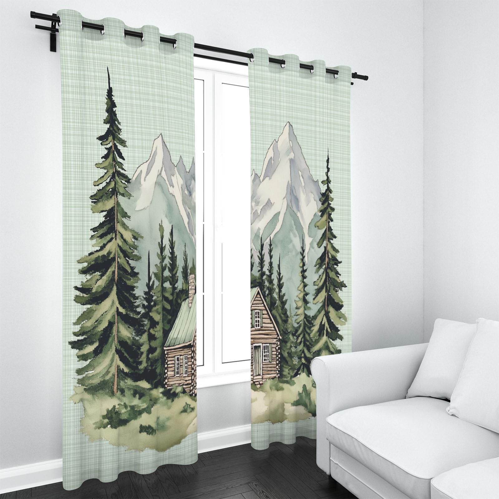 Verdunkelungsvorhänge im rustikalen Hüttenstil, 90 x 180 cm (B x H), Kiefern- und Berglandschaftsmotiv, für Schlaf- und Wohnzimmer, Vorhänge Blickdicht Gardinen mit Ösen, 2er Set