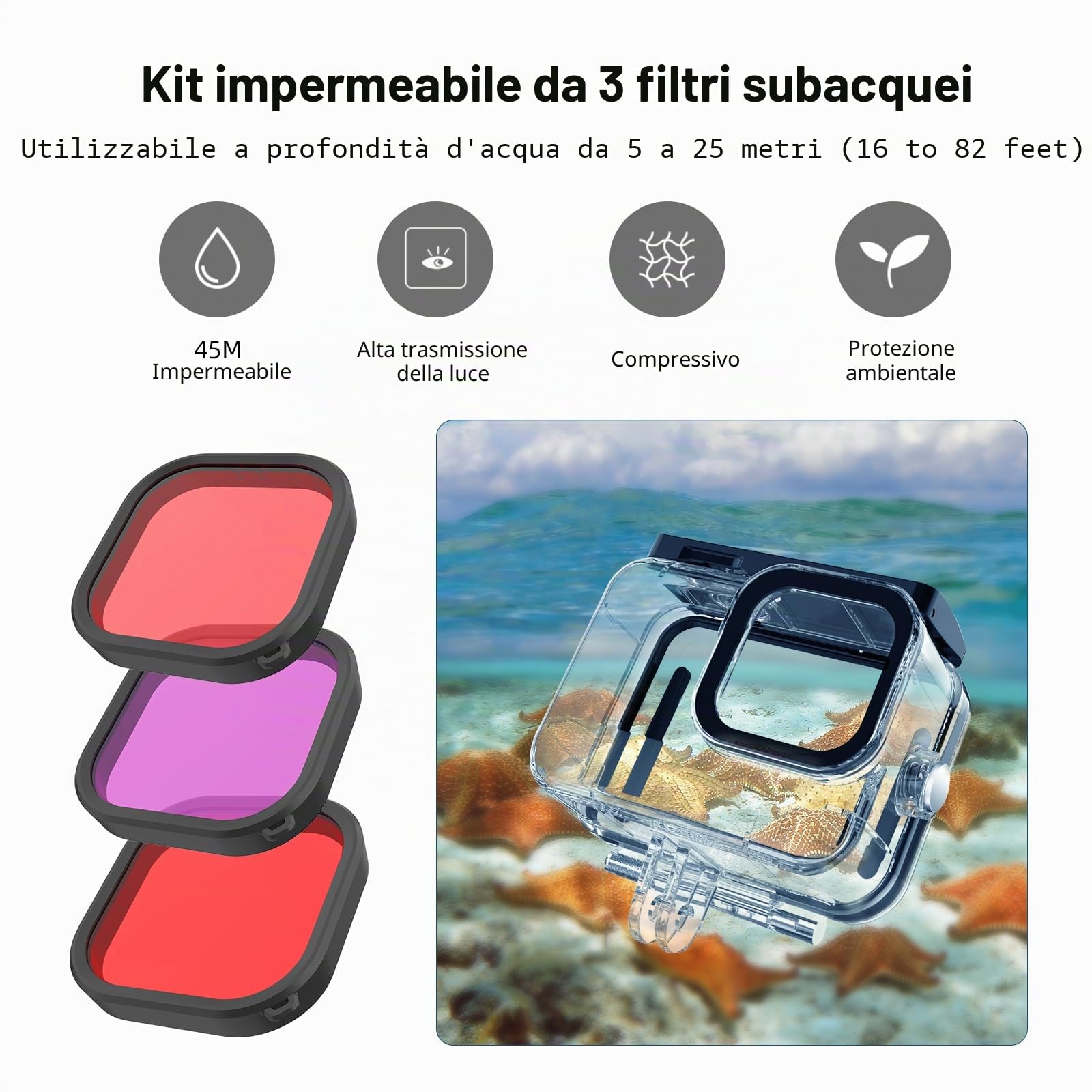 60M Custodia Impermeabile per Gopro Hero 13, Subacquea Immersione Trasparente Copertura Protettiva Shell con Montaggio a sgancio rapido + 3 filtri + 6 Fogli antiappannamento