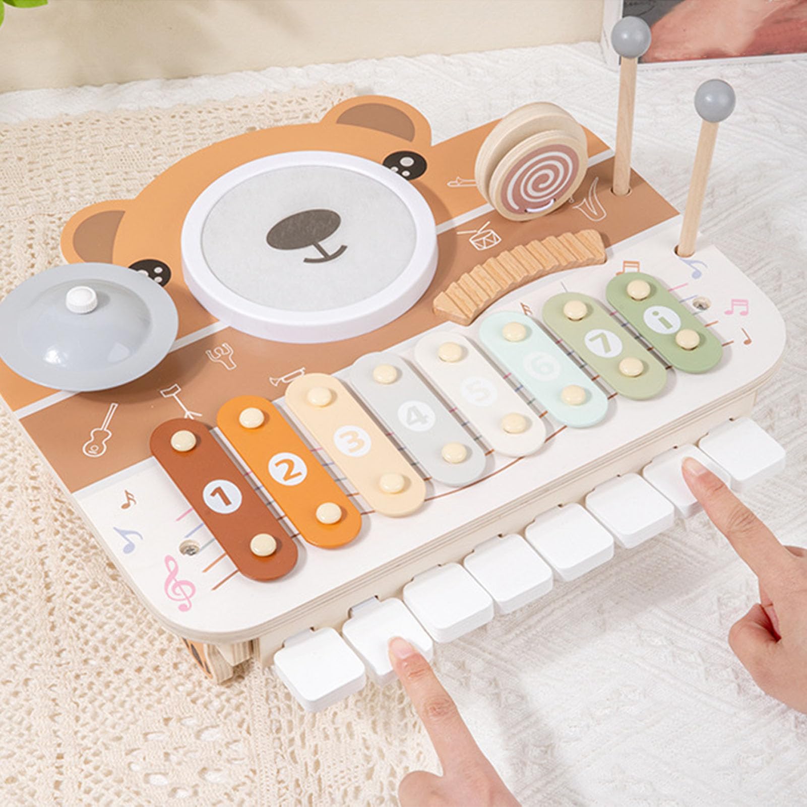 Topiky Zestaw Instrumentów Muzycznych dla Dzieci Drewniana Zabawka Perkusyjna dla Małych Dzieci Rozwój Koordynacji Ręka-oko z Młotkami Bęben Kastanietowy, Stacja Muzyczna na Fortepian 2 w 1 w Wieku