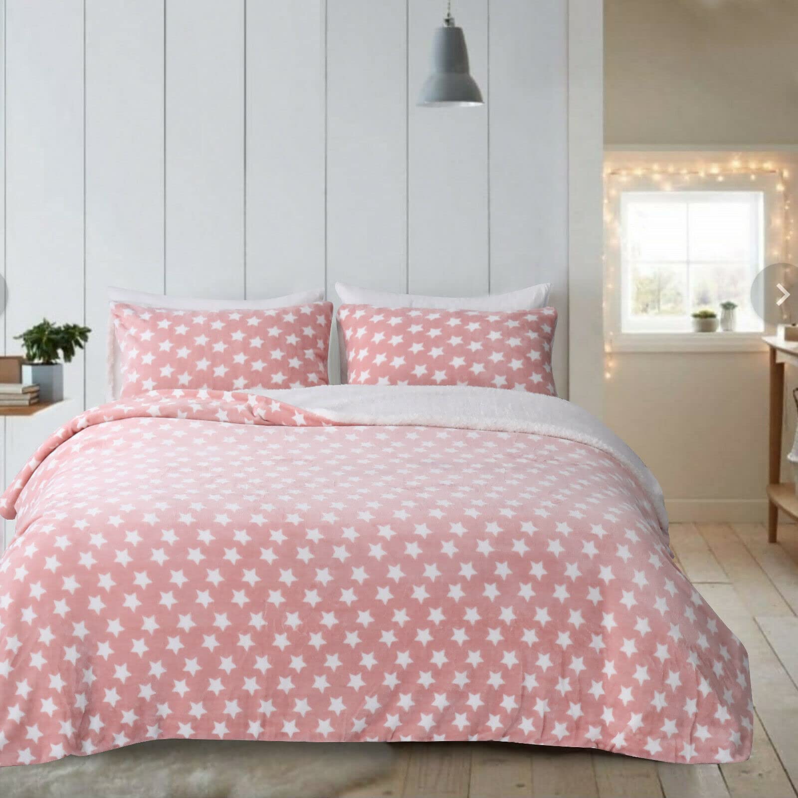 Y Homeware Pink Stars Yorkshire Homeware Printed Teddy Fleece Duvet Cover Set With Pillowcase Cosy Soft Warm 100% Polyester Sherpa Reverse (, Single)