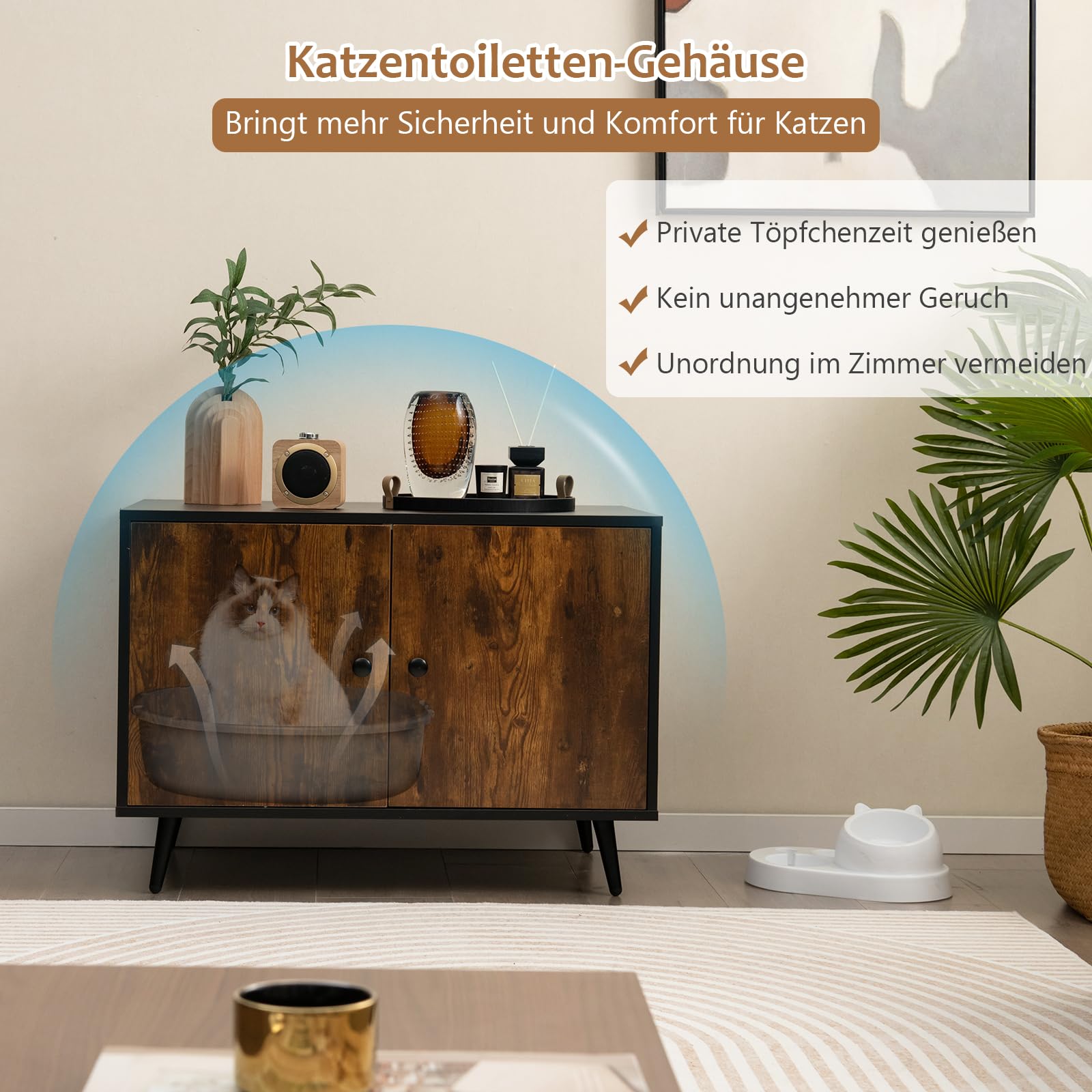 COSTWAY Kattenkast voor kattenbak kattenhuis met uittrekbare lade en ingang en haak en klapdeur, kattenbak, kast voor katten, huisdieren, bruin vintage