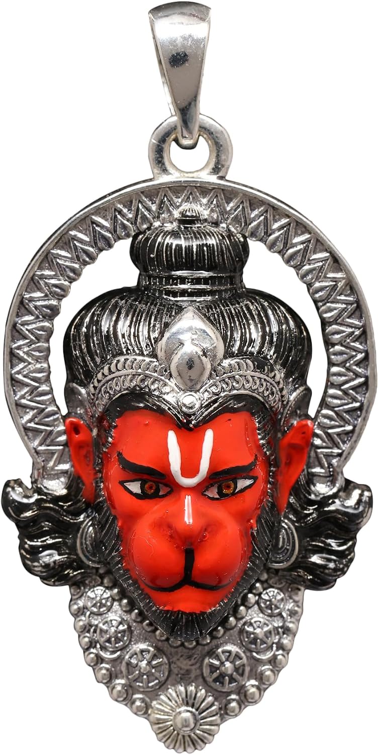 Exotic India 925 Sterling Silver Enamelled Sindoori Anjaney Hanuman Face Pendant Hindu Jewelry Men & Women
