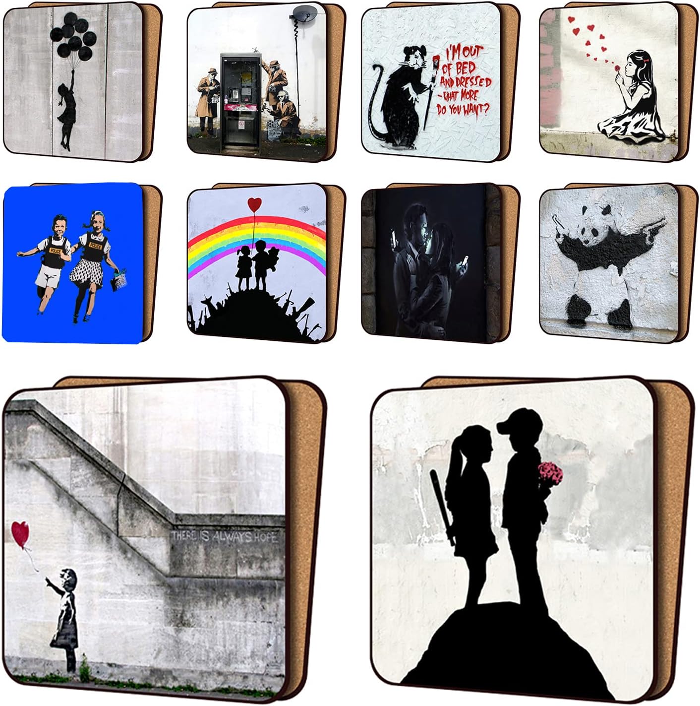 Banksy Coasters Mix1-10 New, Balloon Girl Hope, AYNIL All You Need Is Love & More - Dinnerware Coaster Sets 11cm x 11cm
