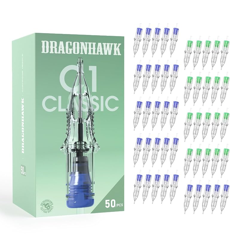 Dragonhawk Classic C1 Cartuchos de Agulhas para Tatuagem com Tamanhos Variados, 50 unidades