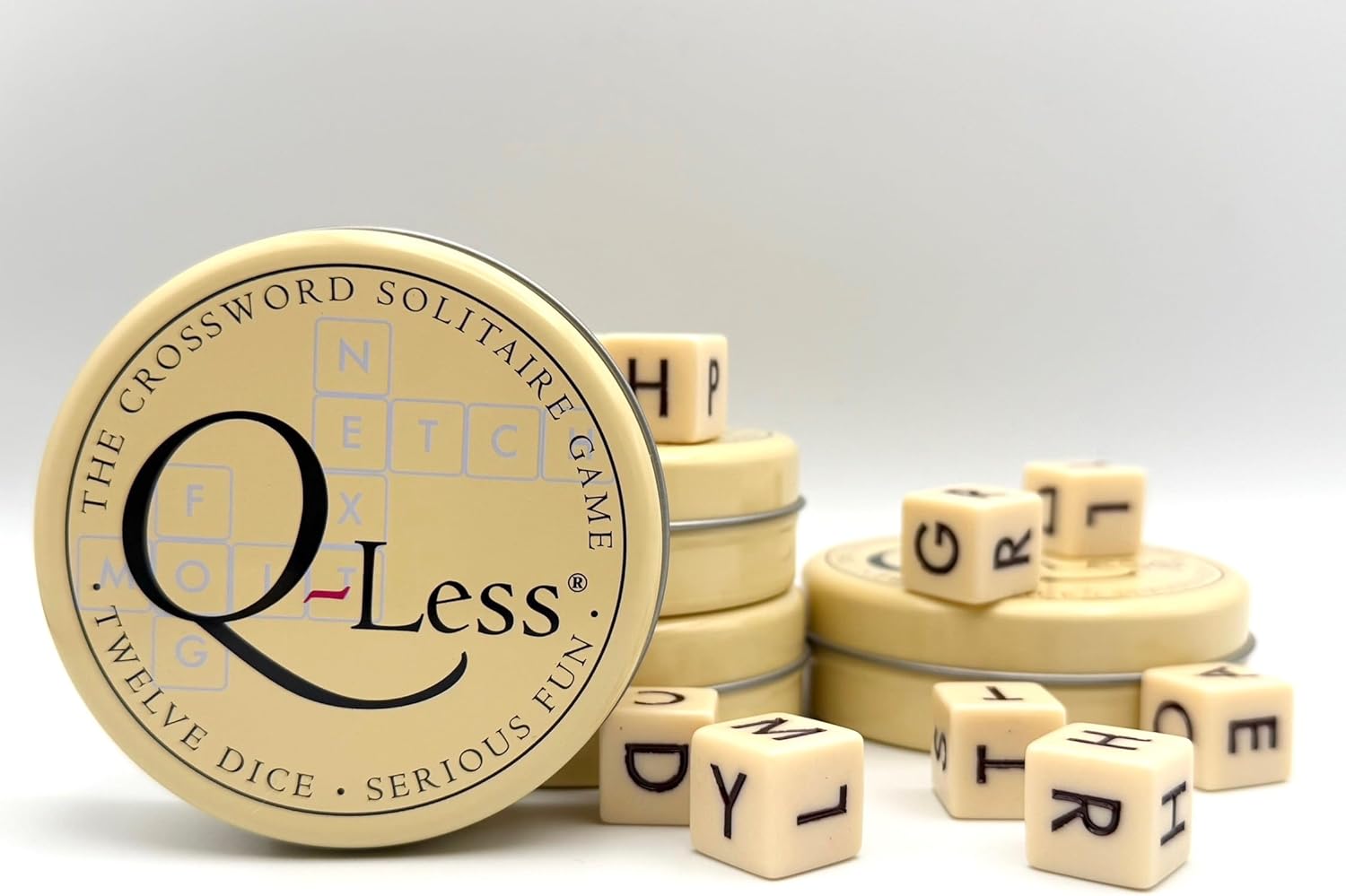 Q-Less The Original Crossword Solitaire Game - Genuine - Word Game, Puzzle, 12 Lettered Dice in a Sleek Tin, Portable, Educational Wordplay Fun, Travel