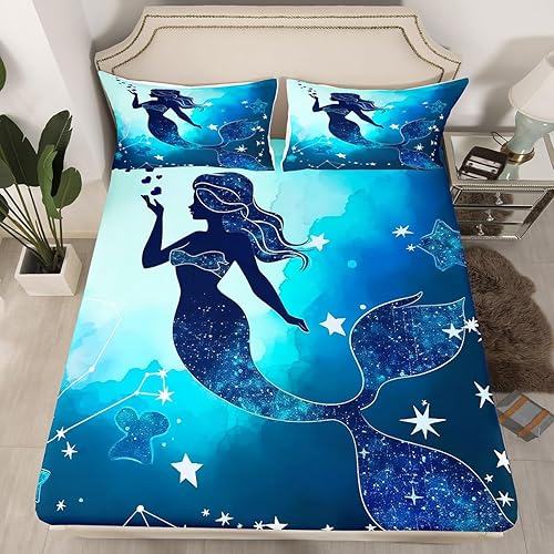 Erosebridal Sábanas de sirena con diseño de galaxia arcoíris, tamaño individual, color azul marino, teñido anudado, ropa de cama de noche