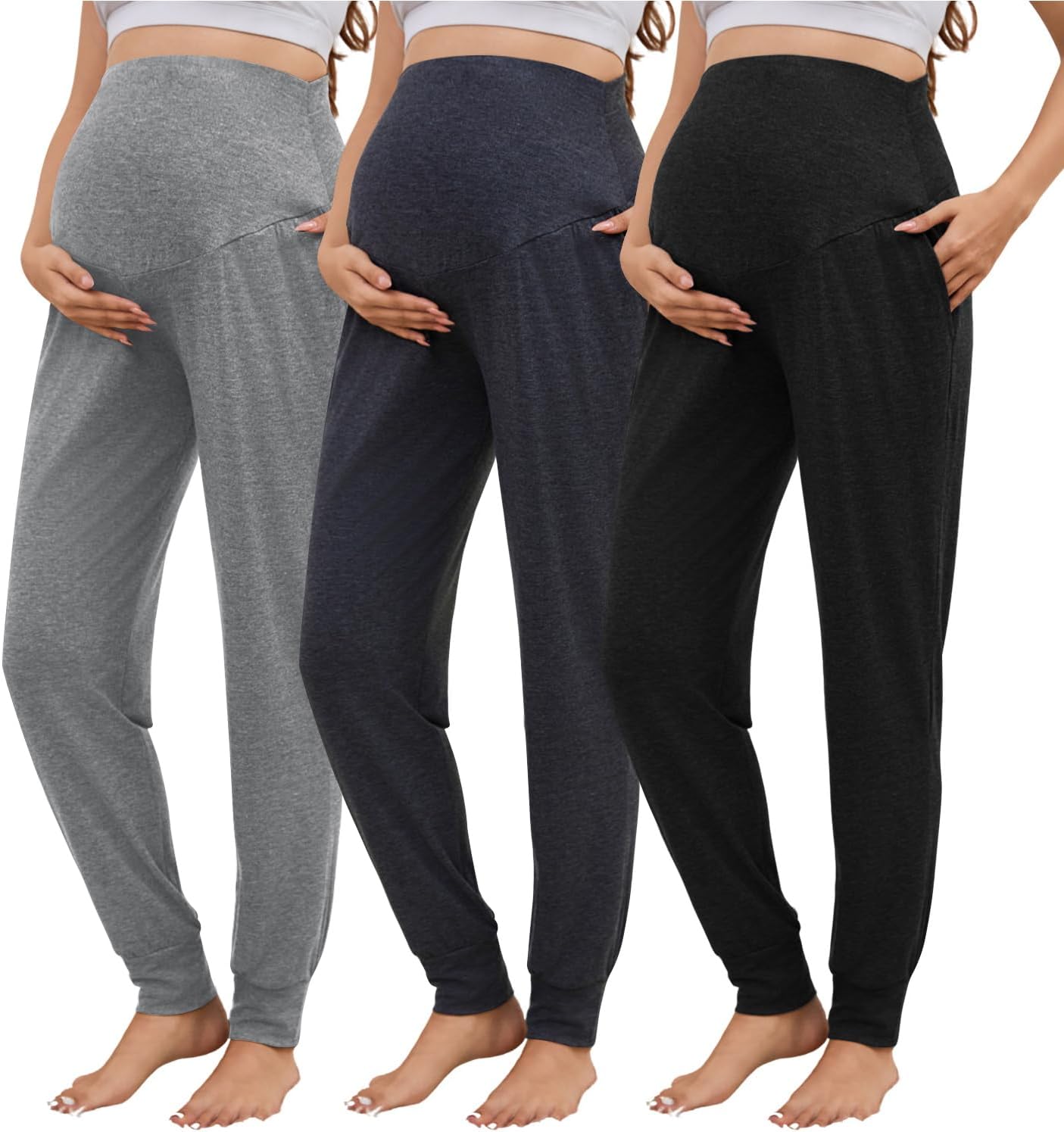 3 Pack Women's Maternity Sweatpants Over The Belly Pregnancy Jogger Pants Stretchy Maternity Pants with Pockets