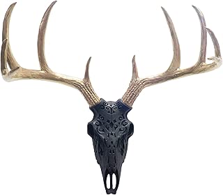 Near and Deer Faux Taxidermy Native American Carving Deer Skull Wall Mount, Black/Gold - coolthings.us