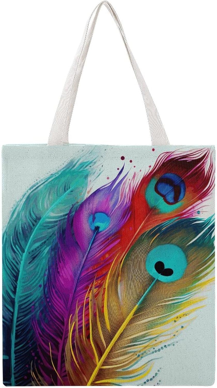 Colored Feather Canvas Tote Bag Reusable Grocery Bags Foldable Soft Cotton Shoulder Carry Bag