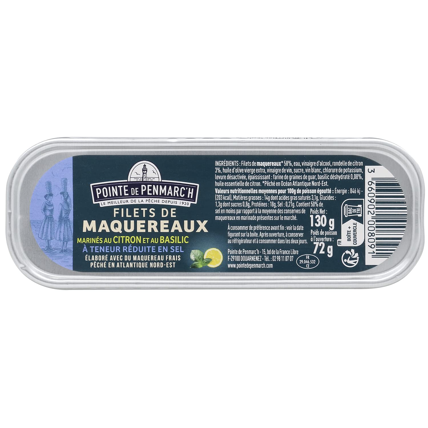 Filets de maquereaux marinés au citron et au basilic à teneur réduite en sel Pointe de Penmarc'h le lot de 6 boîtes de 130 g - Livraison en 2 à 3 jours ouvrés depuis la Bretagne