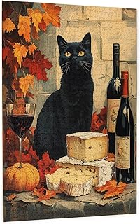 Black Cat with Wine Bottles&Cheese Wood Jigsaw Puzzles Adults 1000 Pieces Autumn Harvest Decor for Kitchen Ideal Thanksgiving for Wine Lovers Cozy Dinner Party Art Gift to Family&Friends