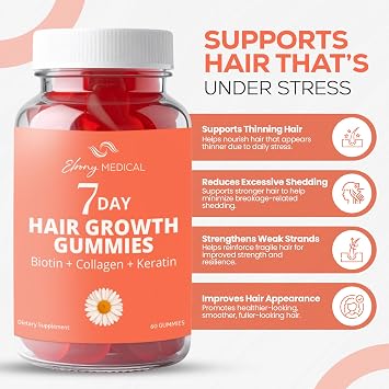 Ebony Medical Hair Support Gummies Biotin, Collagen & Keratin for Stronger, Thicker Hair, Skin & Nails Irish Sea Moss & Vitamins 60 Strawberry-Flavored Gummies