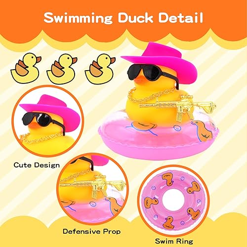 Miniatura 5 de Decoraciones para tablero de automóvil, adorno de pato de goma, decoración de pato de goma para automóvil, pato amarillo con sombrero, gafas de sol,