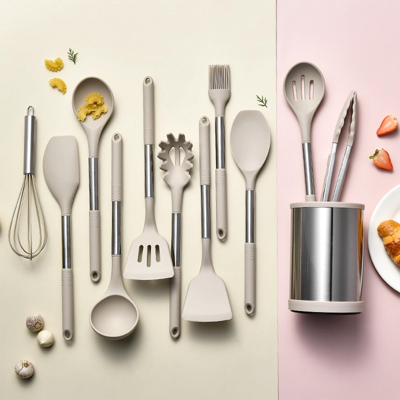 -Kochutensilien-Set – 12-teiliges Silikon-Küchen-Kochgeschirr-Werkzeug, hitzebeständige Antihaftutensilien, spülmaschinenfest, Edelstahl-Utensilien-Set mit drehbarem Eimer zum Kochen, Backen | Pfannenwender-Set aus Silikon und Edelstahl, Küchenhelfer für
