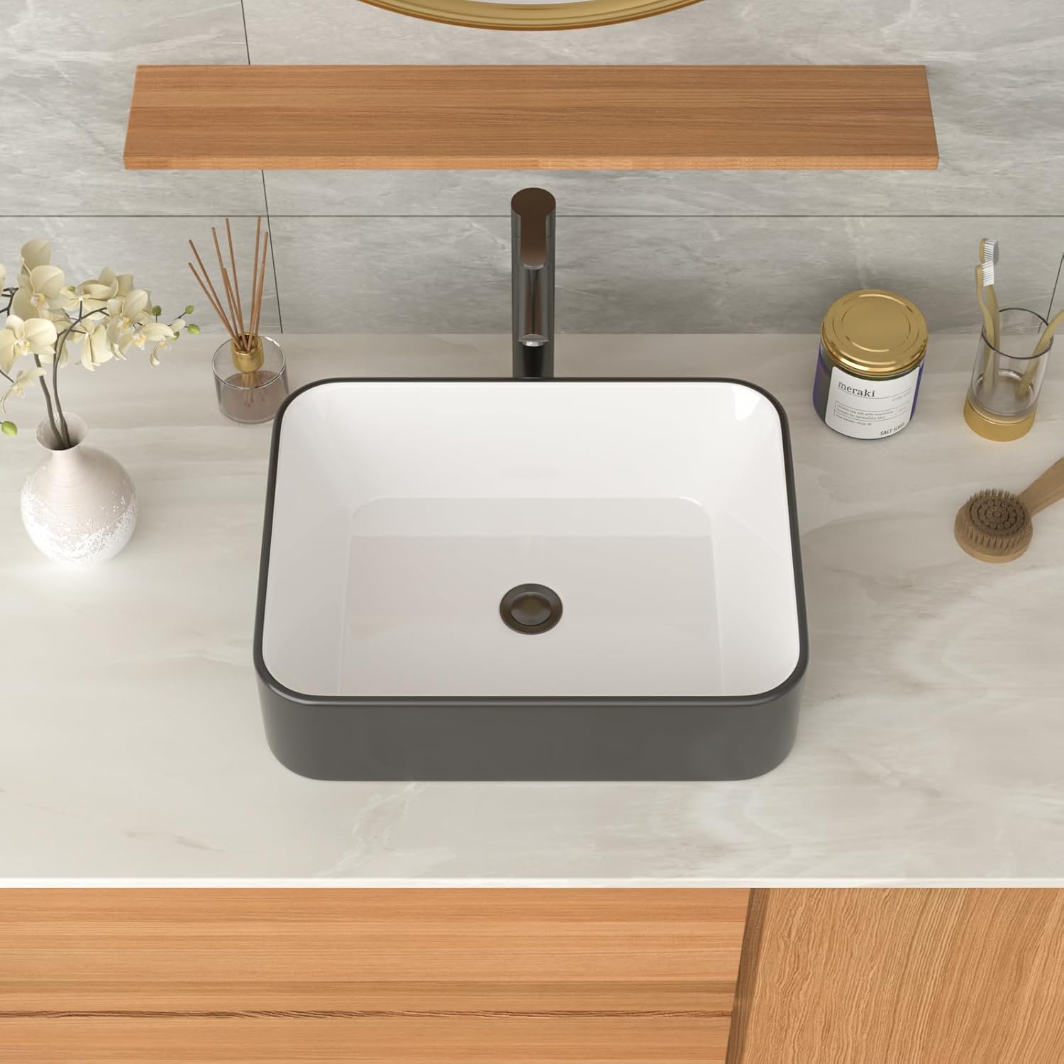 Rectangle Bathroom Sink 19"x15" Black and White Above Counter Ceramic Porcelain Vessel Vanity Sink Washbasin Art Basin