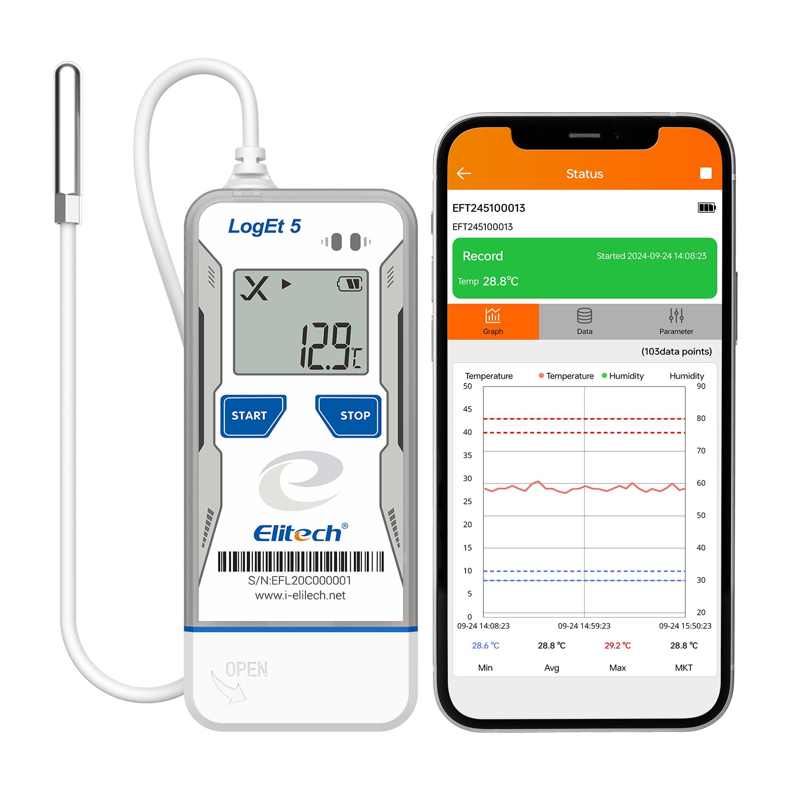 Elitech Registratore di Temperatura USB con Sonda Esterna Bluetooth, Data Logger Riutilizzabile, Rapporti PDF CSV Auto, Termometro per Frigorifero per Trasporto, Stoccaggio, Catena del Freddo