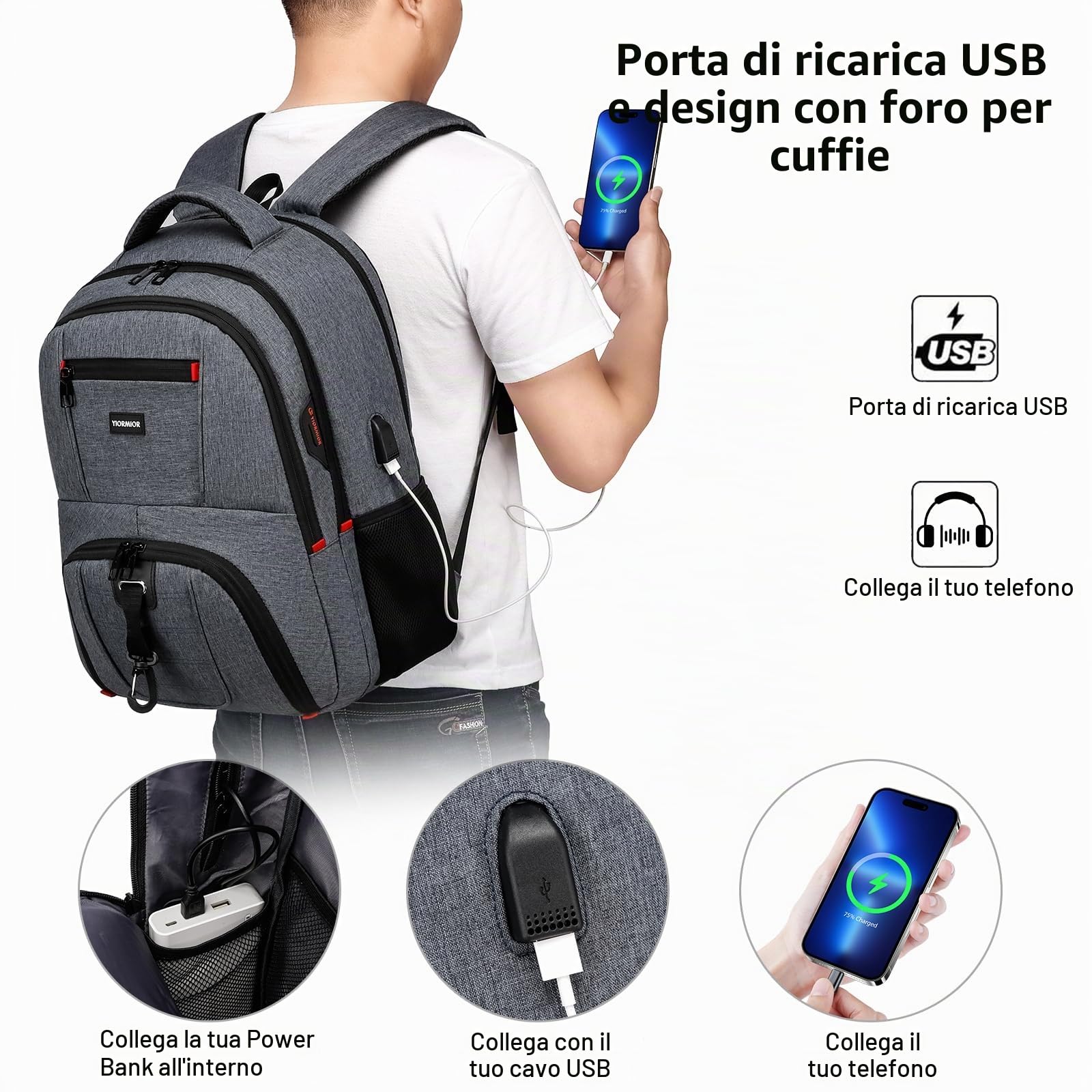 Zaino Scuola Superiore Media Università Uomo, Zaini per PC Portatili Uomo da 15.6 Pollici Con Porta Usb