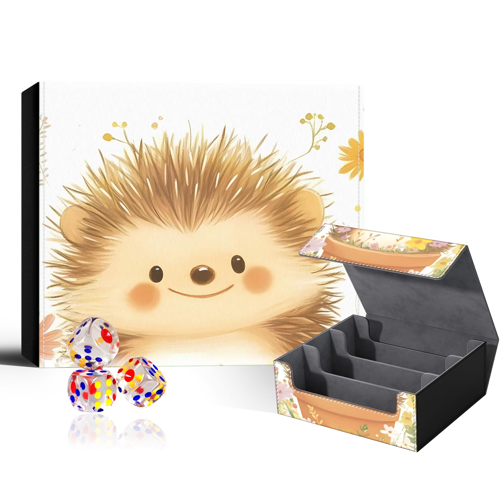 VOGDMKJG Trading Card Deck Box Fit 1800+ Single Sleeved Cards,PU Leather Magnetic Closure Card Storage Box With 3 Dice For MTG/TCG/PTCG/Magic/Sport Card Storage Case Large 3 ROW Design Hedgehog