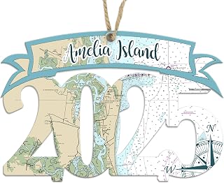 Amelia Island, FL New Year 2025 Souvenir Map Ornament | 4” Wood Hanging Map Ornament with Artwork & | Perfect for Wine Bottles, Gift Bags, or Christmas Tree