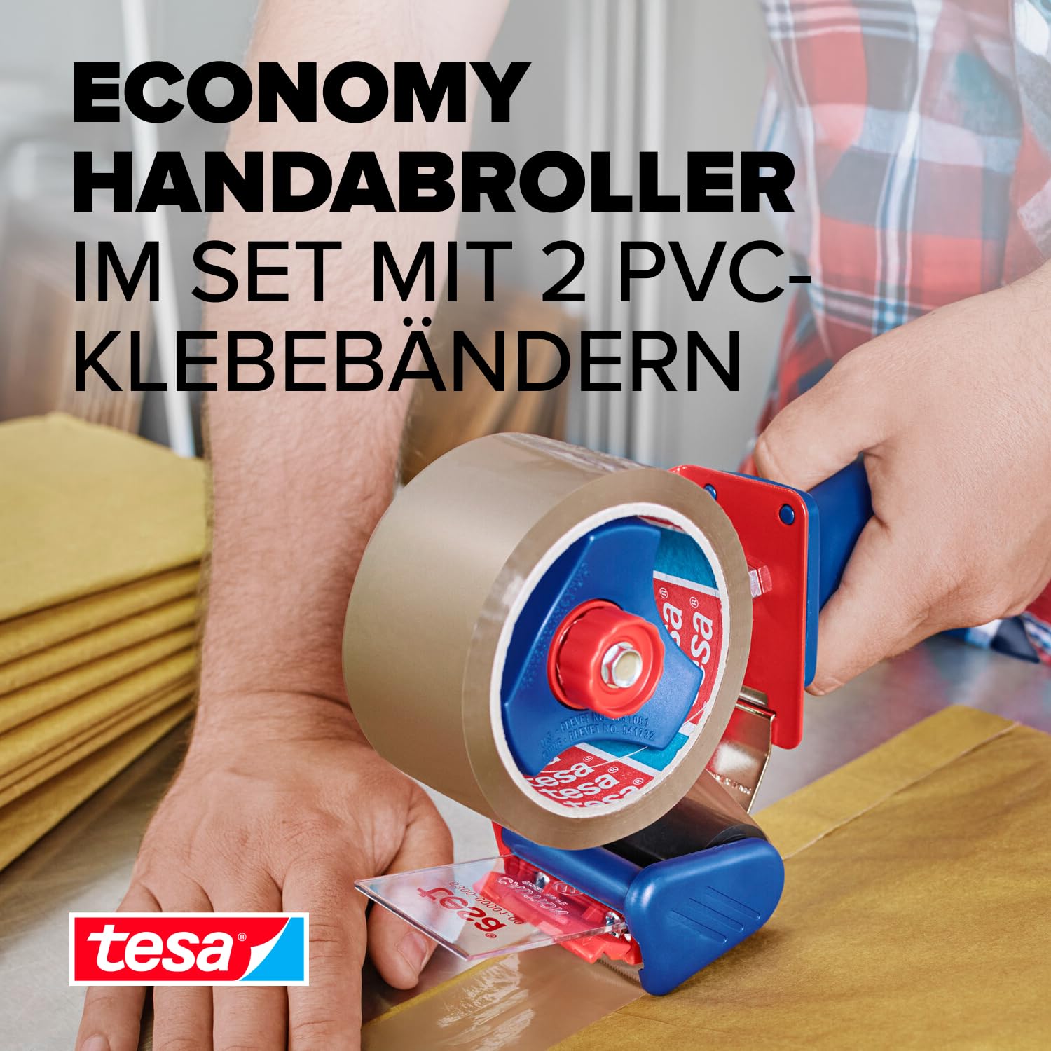 tesa tesapack Extra Strong und Handabroller im Set mit 2 besonders reißfesten PVC-Klebebändern - Braun - 66 m x 50 mm