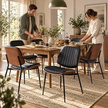 Mid Century Modern Dining Chairs Set of 2, Black Faux Leather Upholstery