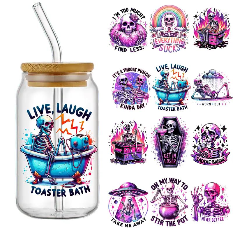 4pcs Cool Skull UV DTF Cup Wraps Winter UV DTF Transfer Waterproof Sticker for Glass Cups Furniture Craft DIY Crafts，Rub on Transfer Stickers for DIY