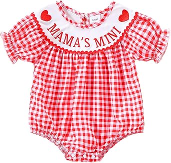 Newborn Baby Girl Romper Mamas Mini Bow Plaid Print Puff Sleeve Smocked Bubble Romper Jumpsuit Bodysuit Clothes