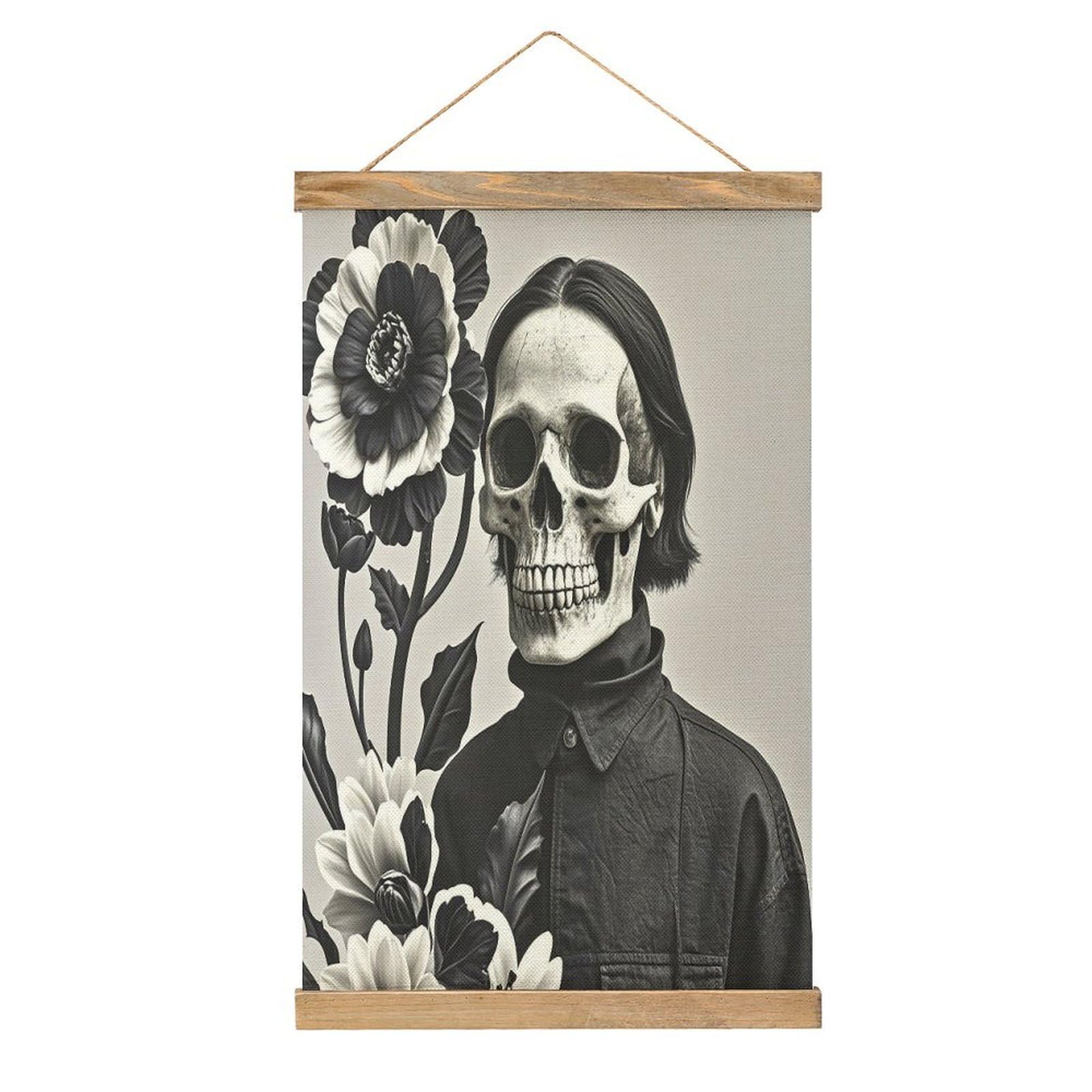 VstaDank Black And White Flowers And Skull Poster with Wooden Frame Hanger Art Painting Wall Decor Poster Wall Hanging Wooden Frame 13x20 Wood Poster Hanger for Photo Picture Art Canvas Print Artwork